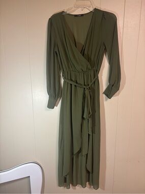 Papaya Olive Wrap Maxi Dress with Waist Tie